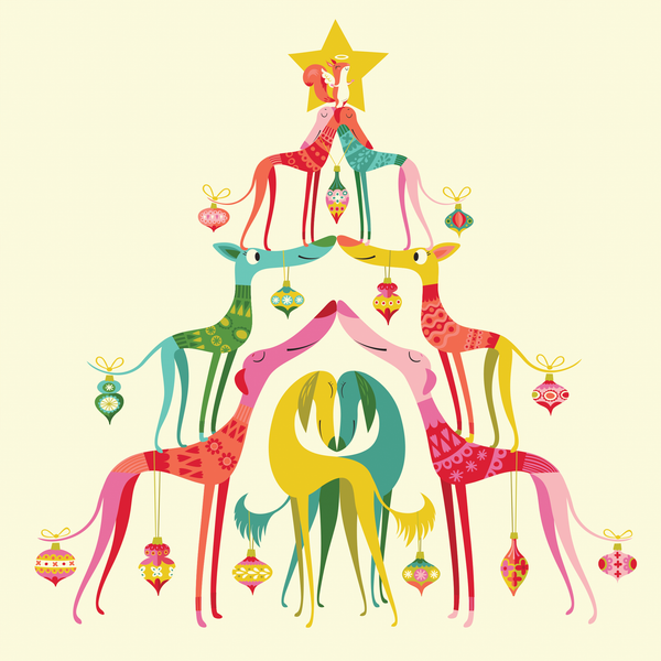 Colourful Christmas tree design made up of  various sighthounds standing on one another's backs.