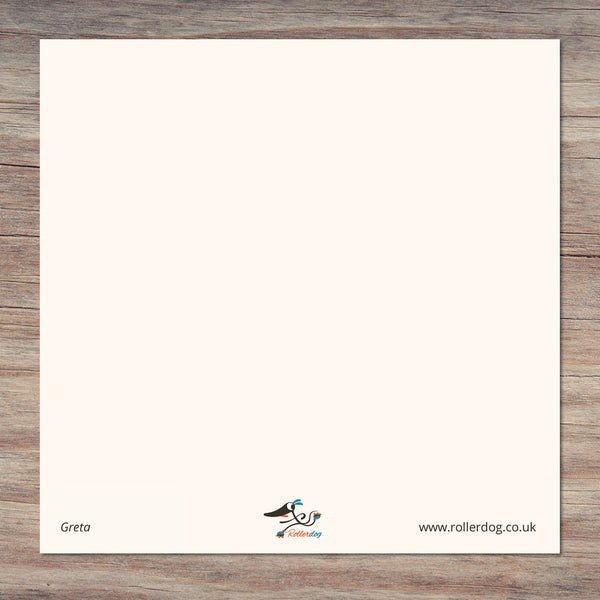 The back of a Greta postcard, showing the plain cream background and the information across the bottom which gives the artwork title, Rollerdog logo and website address