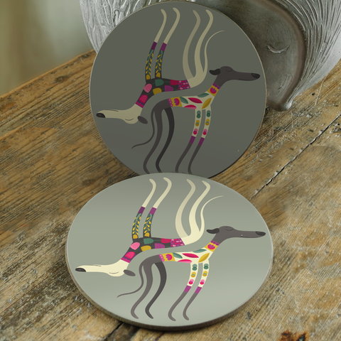2 Sleepy Sighthounds coasters, showing their slight imperfections which are either white flecks or very faint lines in the print