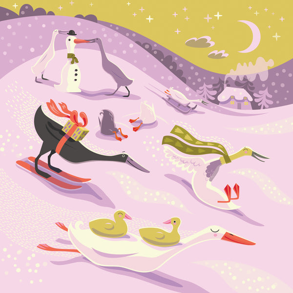 Illustration of cute Indian Runner ducks in a winter landscape, with skiis, sledges and a snowman