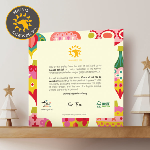 The back of a Christmas card showing the Galgos del Sol logo and information about the charity.