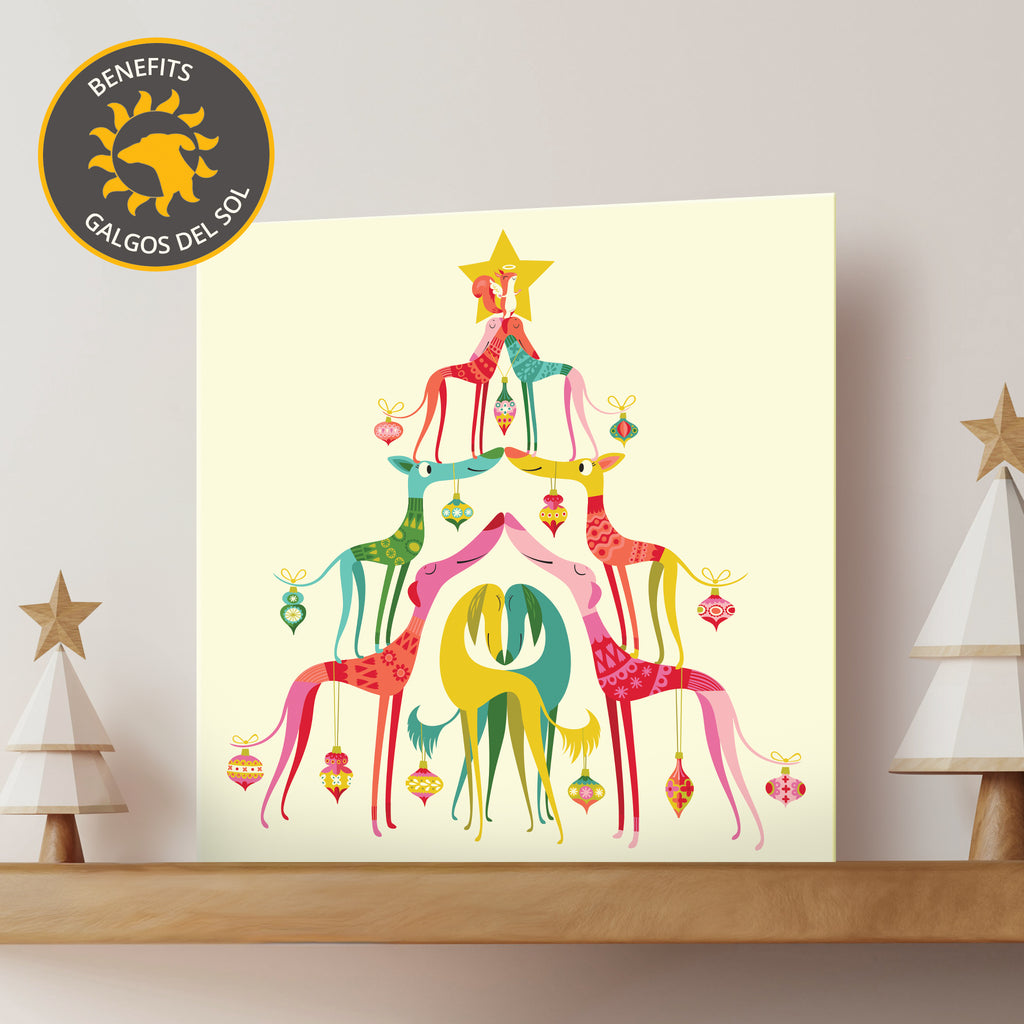 Colourful Christmas card with tree design made up of  various sighthounds standing on one another's backs.