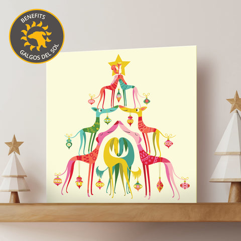 Colourful Christmas card with tree design made up of  various sighthounds standing on one another's backs.