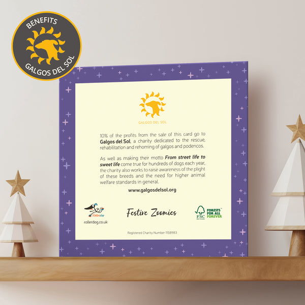 Back of a Christmas card with 'Galgos del Sol' logo and information about the charity