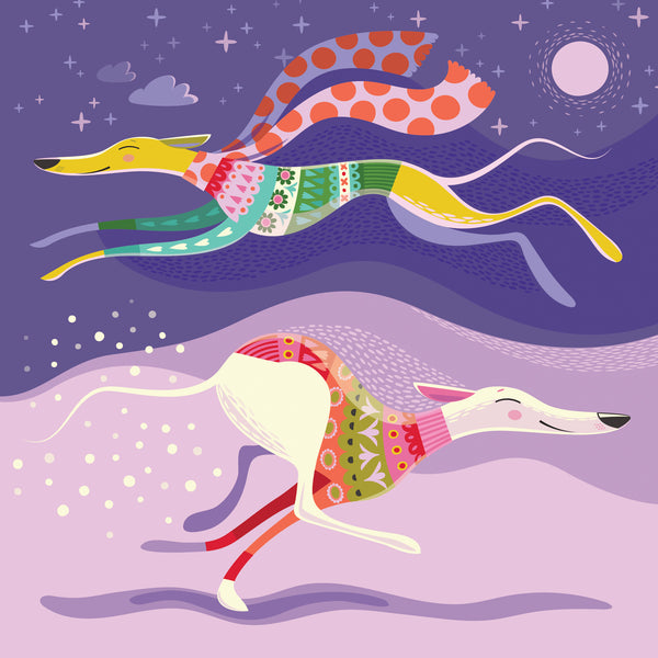 Two colourful sighthounds running in a purple, snowy landscape with stars and moon.
