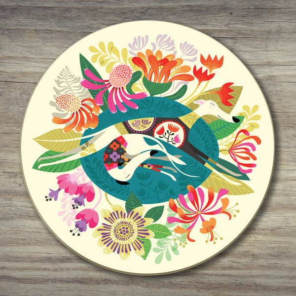 A Rollerdog Flower Bed coaster photographed from above