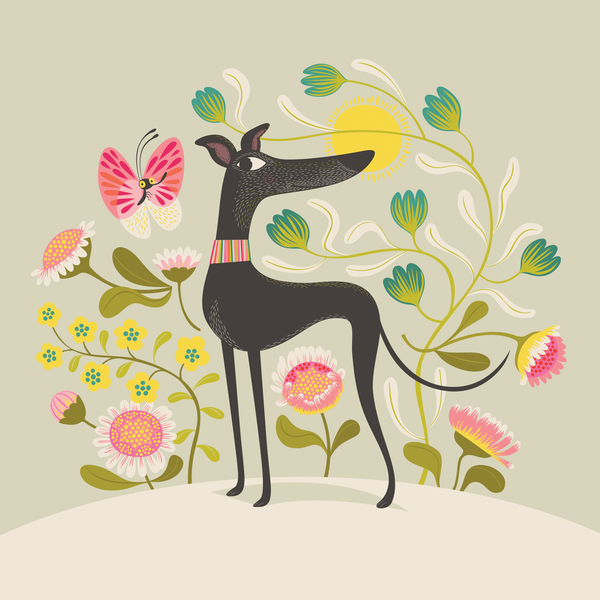 Freddie the Tripod artwork in its entirety showing the illustration of a smiling, black 3 legged sighthound dog surrounded by flowers