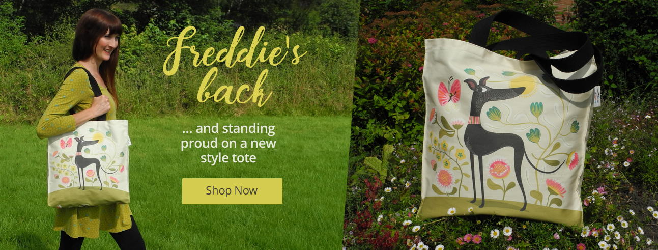 The new Freddie tote, featuring a three-legged black greyhound, being shown in use and  closer up amongst flowers