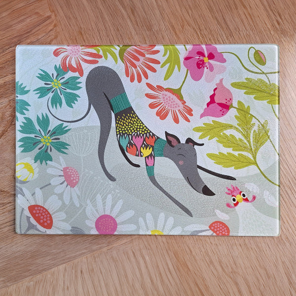 Greta Greyhound glass chopping board, photographed from above