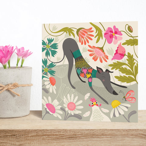 Greta Greyhound greeting card by Rollerdog, picturing an illustrated greyhound  bowing playfully, a chicken and a butterfly