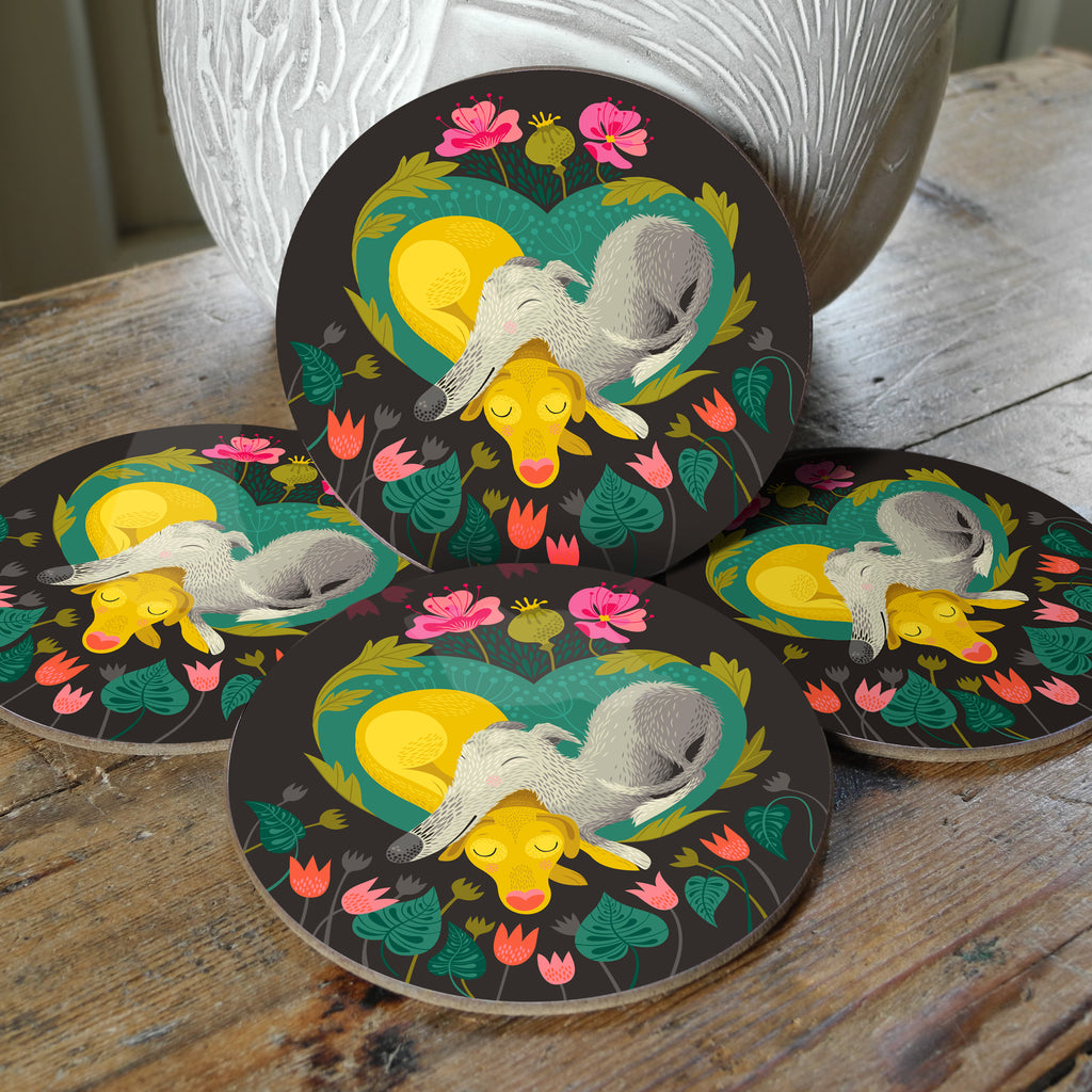 Pops & Bumble set of coasters, designed by Rollerdog, and featuring a shaggy lurcher sleeping next to a labrador