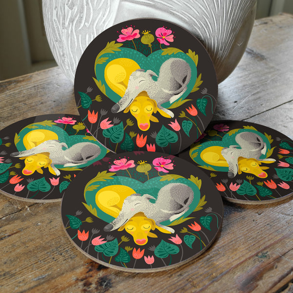 Pops & Bumble set of coasters, designed by Rollerdog, and featuring a shaggy lurcher sleeping next to a labrador