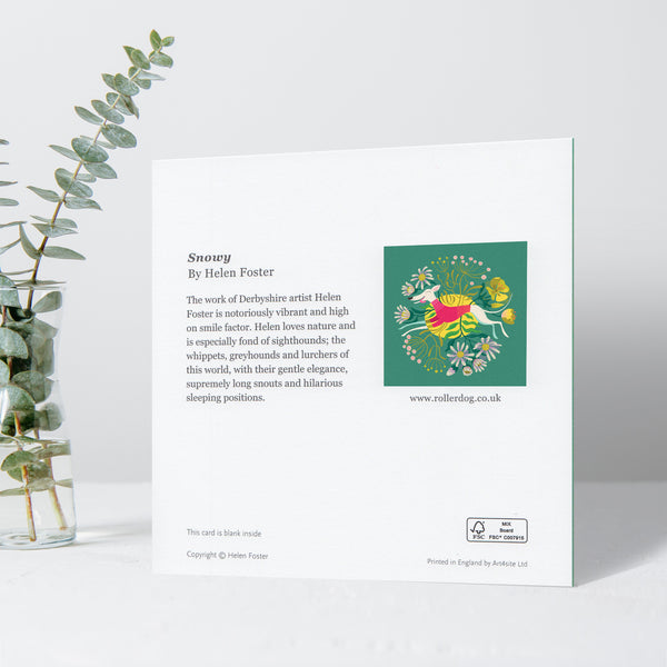 The back of a Snowy card by Rollerdog showiing the title of the artwork, information about the artist and the forest-friendly credentials of the product