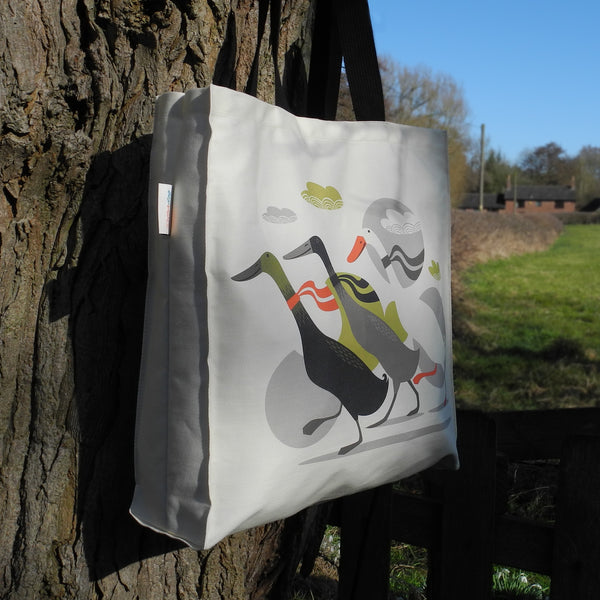 The side view of a Three Ducks from Derbyshire tote bag