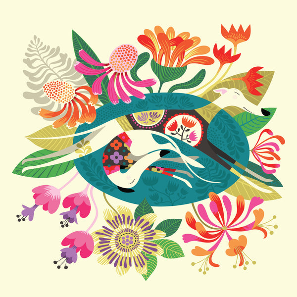 Flower Bed illustration by Rollerdog, portraying two sleeping hounds surrounded by flowers