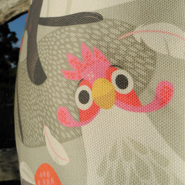 Close up view of the fabric of a Rollerdog Greta tote bag
