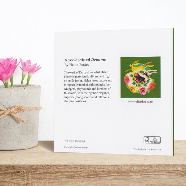 The back of a Hare-brained Dreams greeting card, showing the title and a thumbnail image of the artwork.