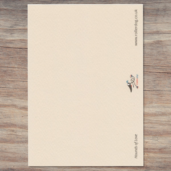 The back of a Hounds of Love postcard by Rollerdog, showing the title of the artwork, the logo and the website address