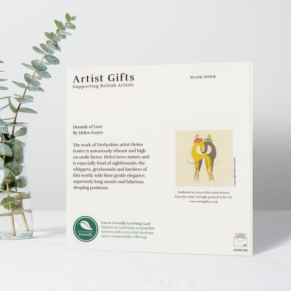 The back of a Hounds of Love greeting card, showing the the title, information about the artist and the forest-friendly credentials of the product