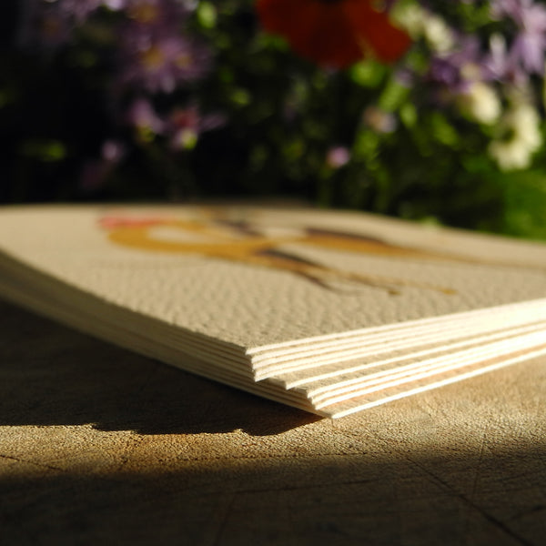 A stack of 10 Hounds of Love postcards, showing the thickness of the card on which the design is printed