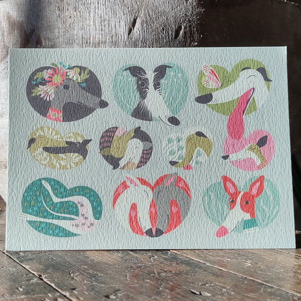 A close up view of a Noses & Poses postcard