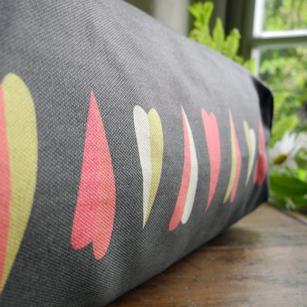 Close up of the heart design on the base of a Poppy the greyhound tote bag