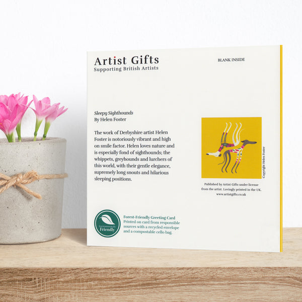 The back of a Sleepy Sighthounds greeting card by Rollerdog