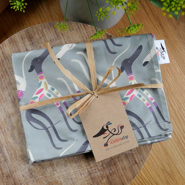 Sleepy Sighthounds tea towel with ribbon and Rollerdog tag