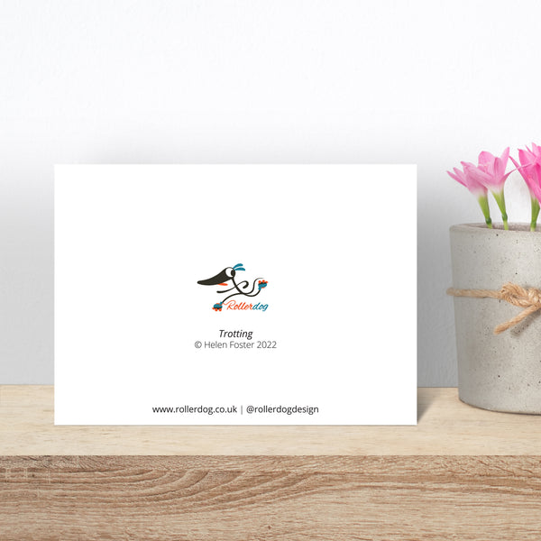 The back of a Trotting card by Rollerdog, shown on a wooden shelf next to a pot of crocus