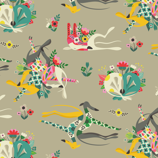Bloomin' Hounds design by Rollerdog, shown on a stone-coloured background