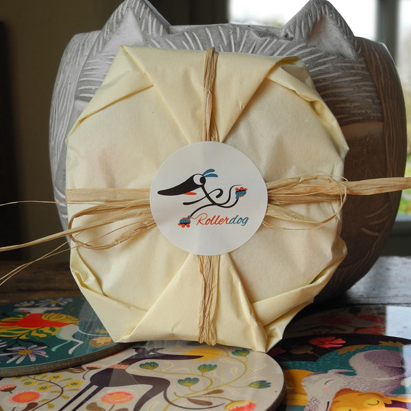 A set of wrapped Rollerdog coasters
