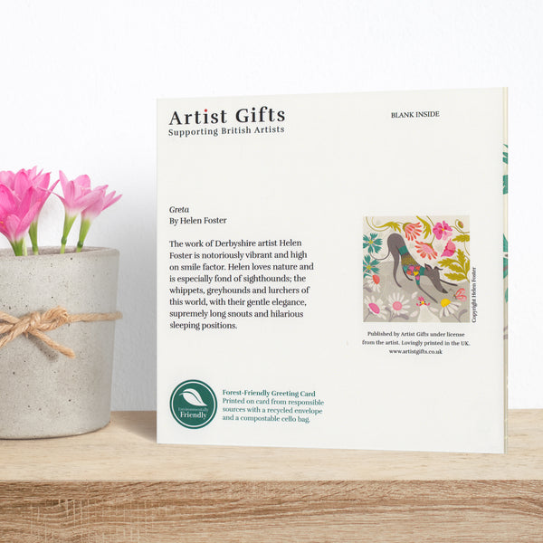 The back of a Greta Greyhound greeting card by Rollerdog