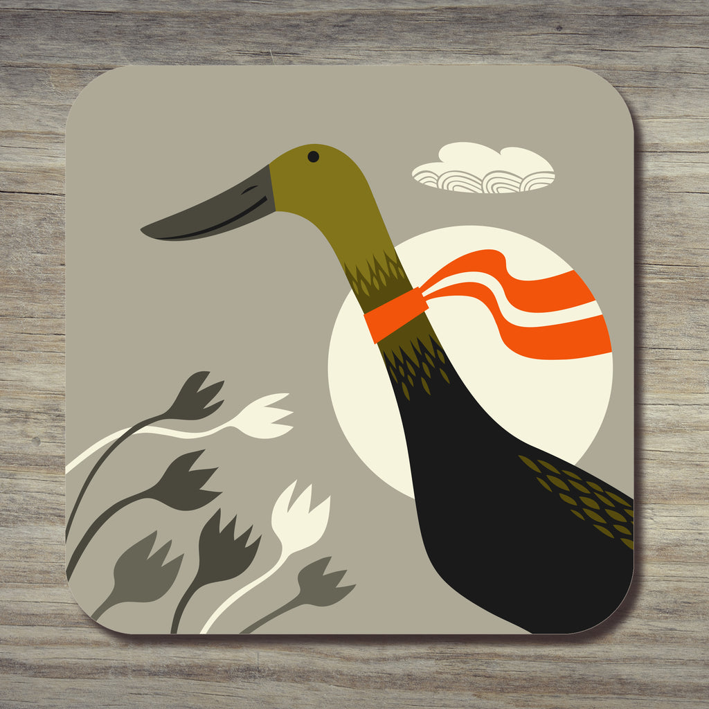 Black and green Indian runner duck design on a coaster by Rollerdog
