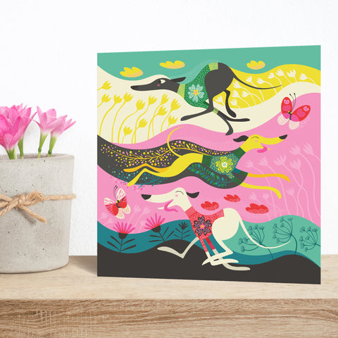 Zoomies greeting card by Rollerdog
