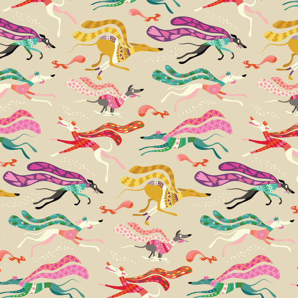 A repeating seamless pattern featuring sighthounds in brightly coloured jumpers and squirrels on a warm beige background.