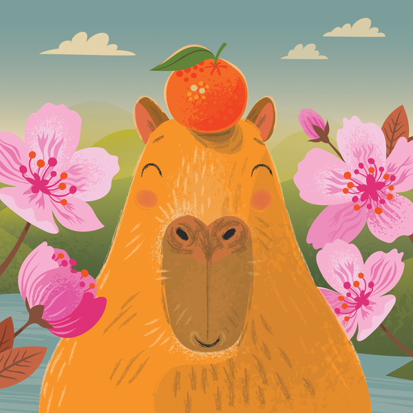 A stylized illustration of a capybara with a bright orange on its head, surrounded by pink flowers and a soft blue sky background.