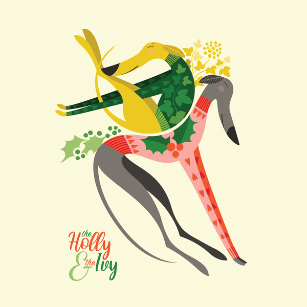 A Rollerdog illustration entitled The Holly & The Ivy, featuring 2 sighthounds in festive jumpers