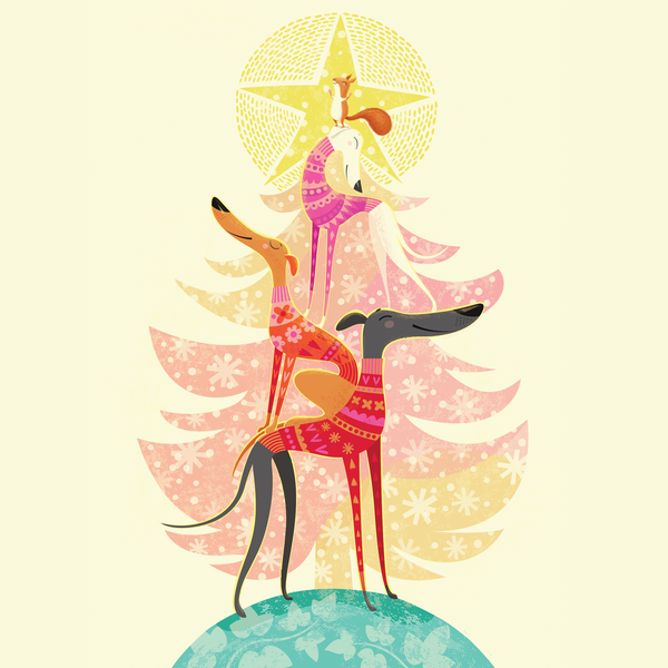 A Rollerdog illustration entitled Mound of Hounds, featuring 3 sighthounds and a red squirrel in front of a twinkly Christmas tree