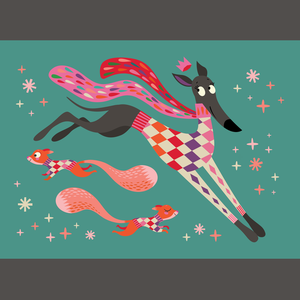A colourful illustration of a greyhound dog and two squirrels wearing checkered outfits, set against a teal background with small star motifs.