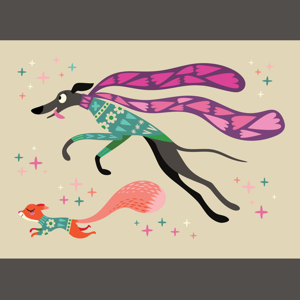 An illustration of a black hound wearing a green patterned jumper with a long pink scarf, running beside a small orange squirrel in a matching outfit on a beige background with small colourful star accents.