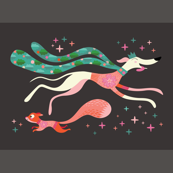 A colourful illustration of a white greyhound wearing a green scarf and pink jumper, running alongside an orange squirrel on a dark grey background with small colourful star accents.