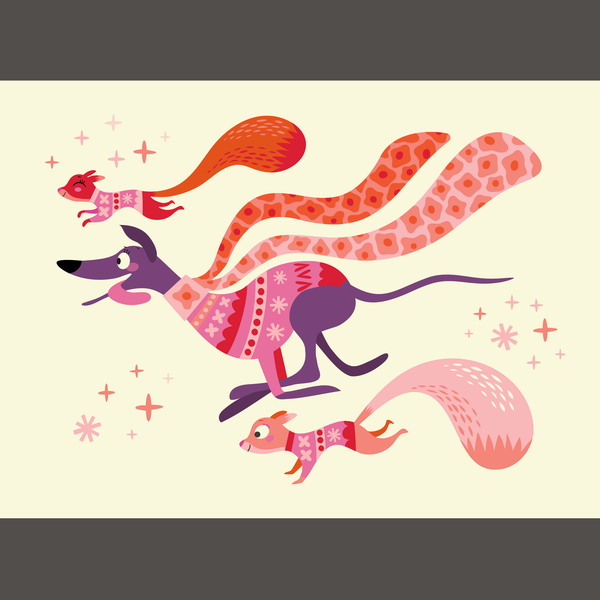 An illustration of a purple greyhound running alongside two orange squirrels, all wearing matching pink patterned jumpers, on a pale cream background with scattered star accents.