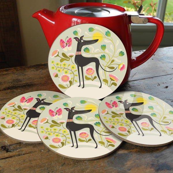 Freddie the Tripod coaster set, featuring an illustration of a 3-legged greyhound on a floral background