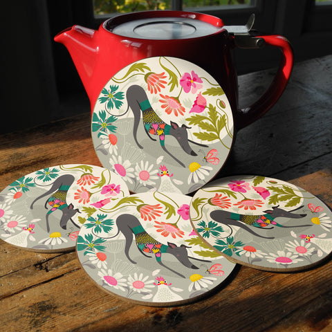 Greta greyhound coaster set by Rollerdog, featuring an illustration of a bowing greyhound and a frightened chicken