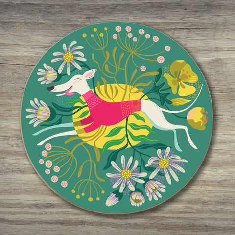 Snowy the Whippet coaster featuring a white dog on a teal background with flowers