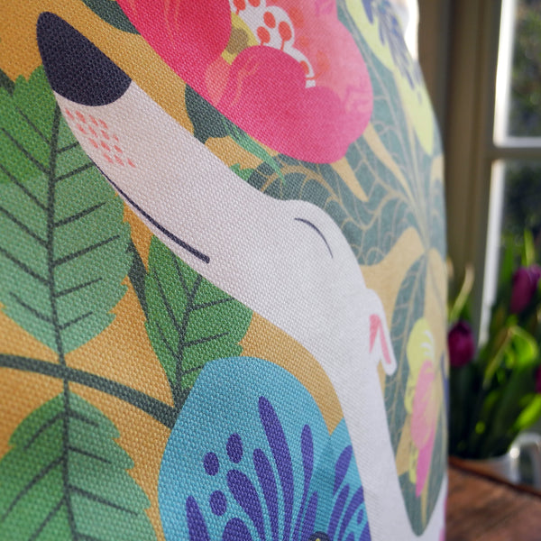 Close up of a Rollerdog Dog Rose tote bag showing the cotton fabric