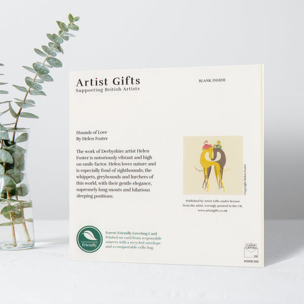 The back of a Hounds of Love greeting card, showing the the title, information about the artist and the forest-friendly credentials of the product