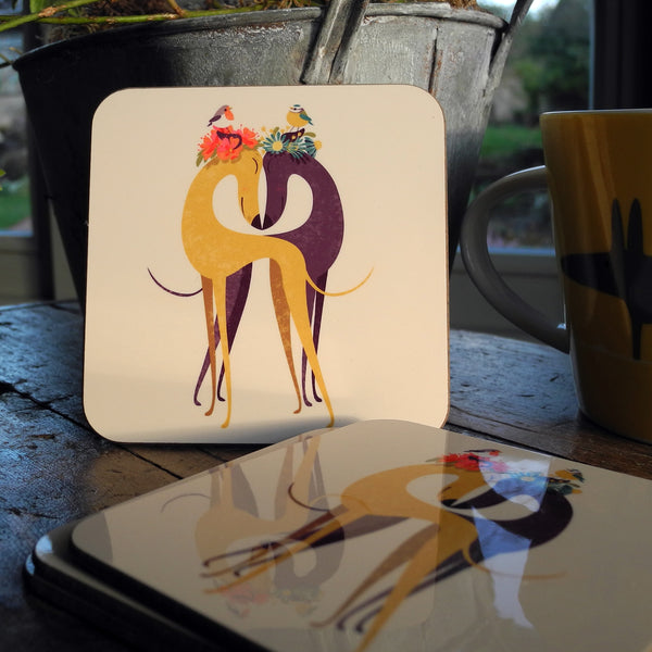 Hounds of Love coasters shown in situ on a table
