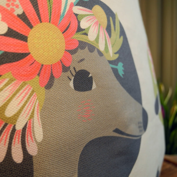 Close up view of a Noses & Poses tote bag, showing the cotton fabric