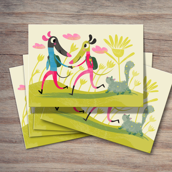 Set of 5 Trotting cards by Rollerdog, shown spread out on a wooden surface
